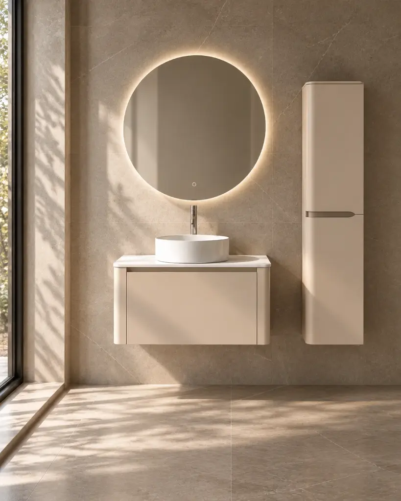 Meuble suspendu beige, 80 cm, avec plan en résine minérale, Panthéon