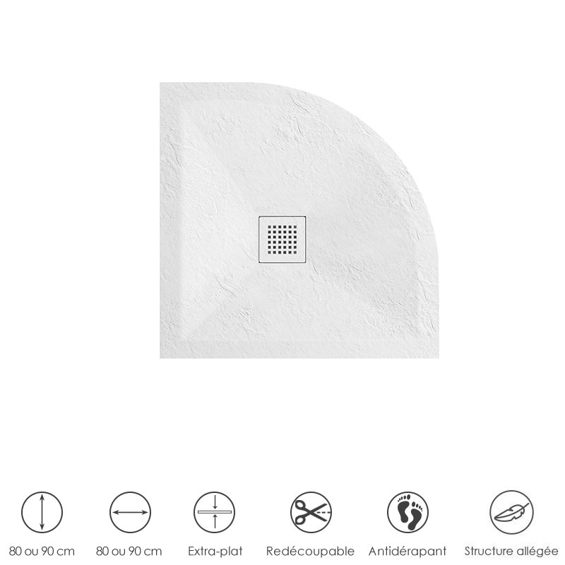 Receveur de douche 1/4 de rond 90 cm, grille blanche, Composite Blanc, Fjord