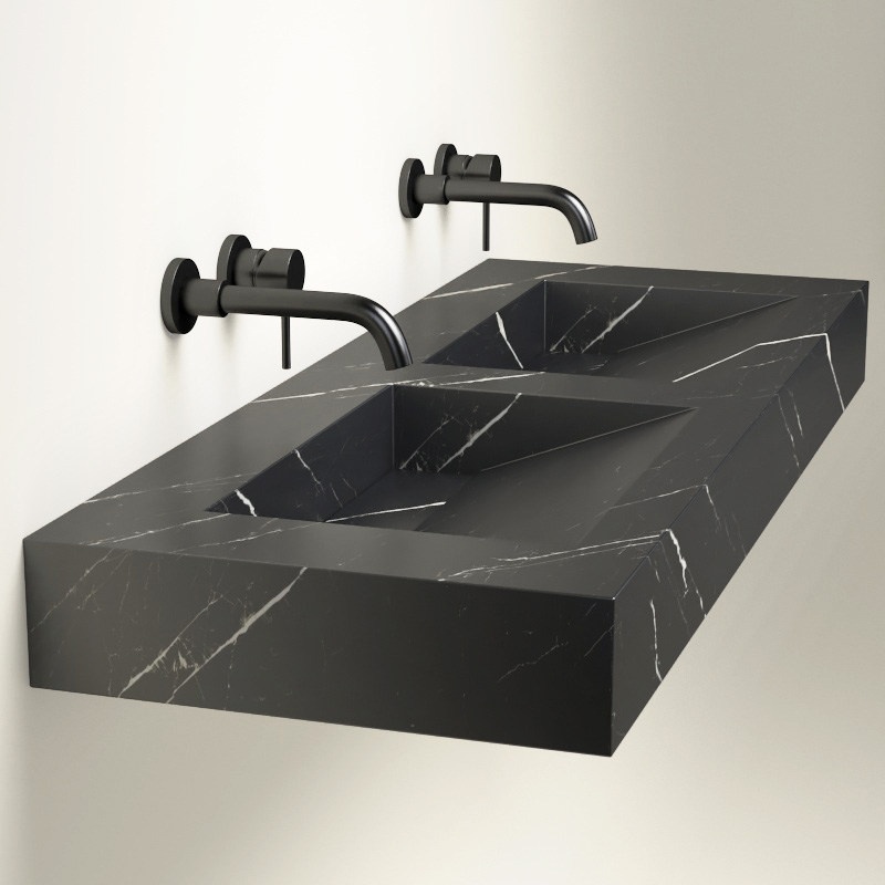 Plan 2 Vasques, 121x46x12, Marbre Black Marquina, Lake