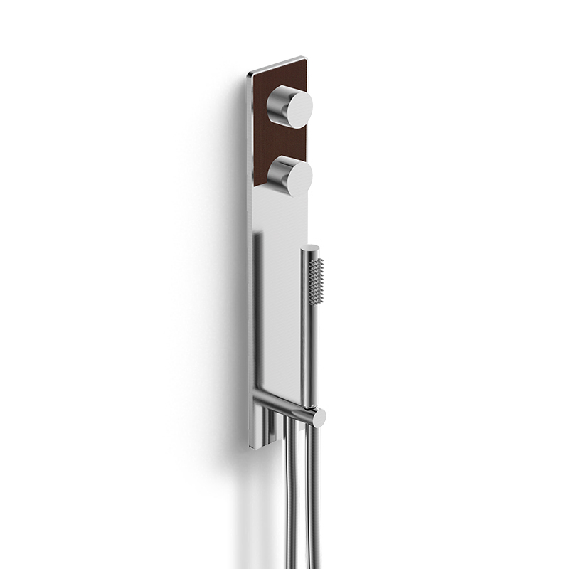 Mitigeur douche thermostatique en laiton chromé brossé 3 sorties, insertion cuir beige - Infinity Elegance