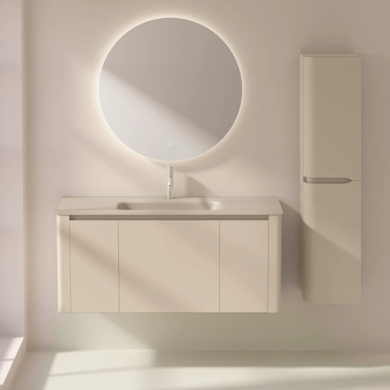 Meuble suspendu beige, 120 cm, avec plan vasque encastré en verre, Panthéon