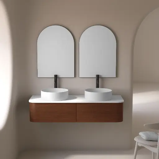 Meuble suspendu 120 cm, bois noyer + plan en résine minérale blanc mat, Layla