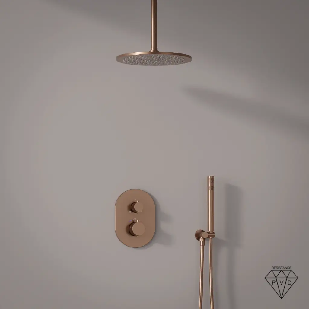 Composition mitigeur de douche thermostatique encastré doré rose PVD, bras plafond, Châtelet