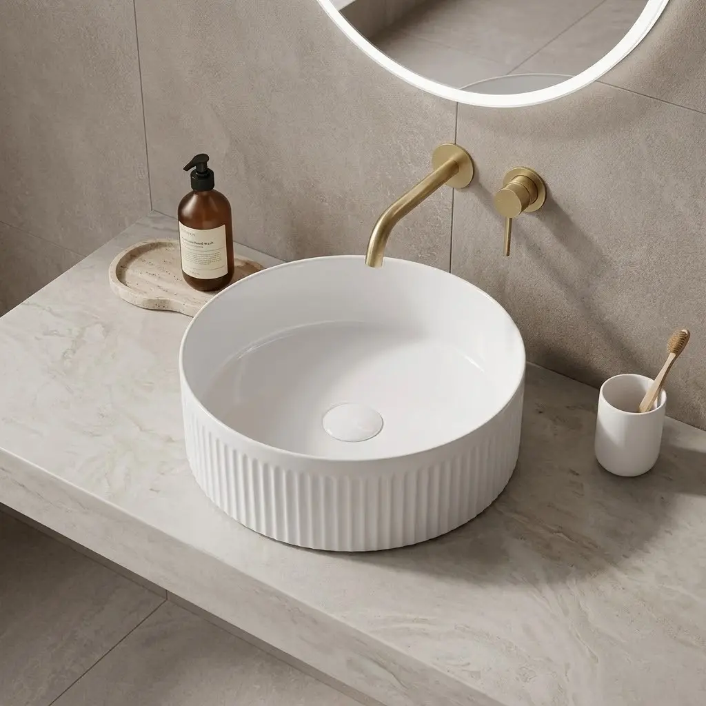 Vasque à poser cannelée, 36 cm, blanc brillant