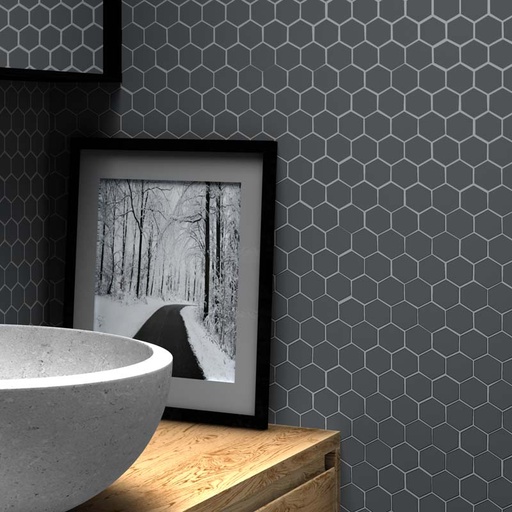 Mosaïque héxagonale verre recyclé gris foncée, 31x32 cm, Nordic matt dark grey