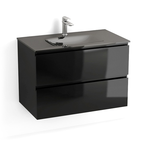Meuble Salle de Bain suspendu, noir brillant, 80 cm, plan verre, Glass3