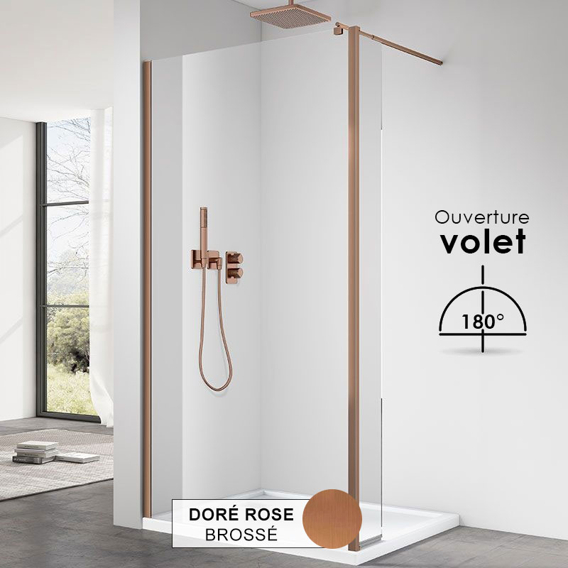 Paroi fixe 60 à 160 cm + volet 30 cm, profilé doré rose brossé, Altea