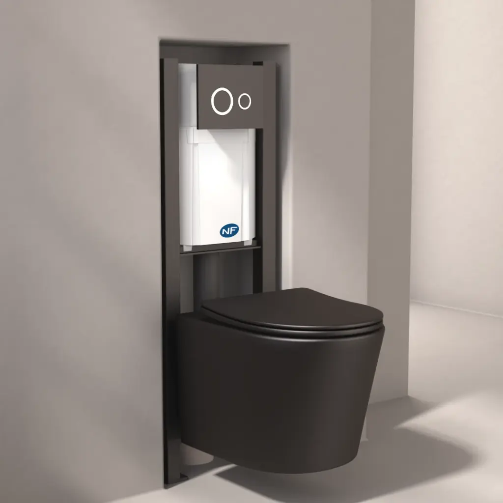 Bâti compact WIRQUIN + Plaque de déclenchement noire + WC suspendu Noir Rimless Flavia - Pack WC suspendu