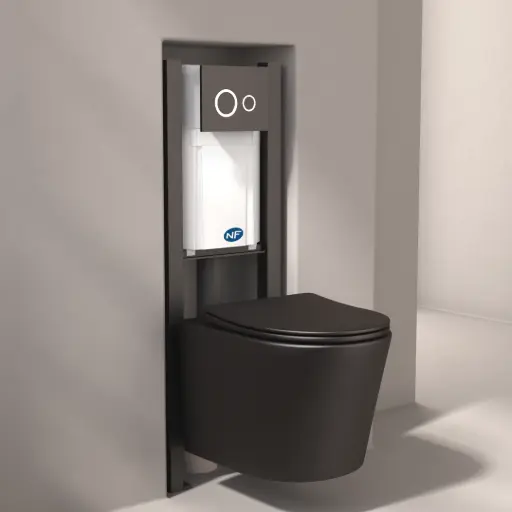 Bâti compact WIRQUIN + Plaque de déclenchement noire + WC suspendu Noir Rimless Flavia - Pack WC suspendu