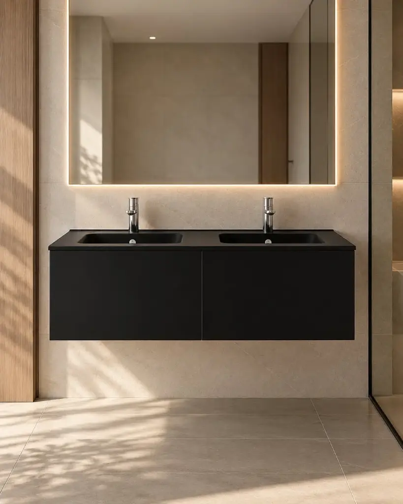 Meuble salle de bains 120 cm, Noir mat, avec tiroirs et double vasques céramique Noir Mat, Caruso