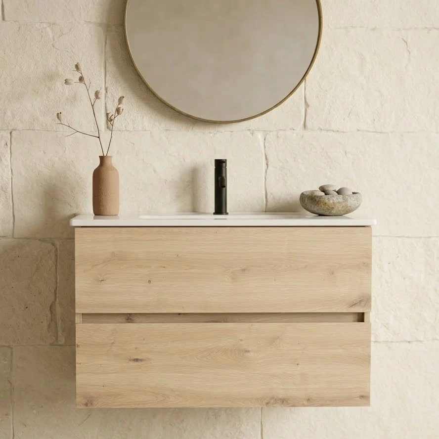 Meuble salle de bain suspendu 80 cm, Amazonia, 2 tiroirs + vasque céramique, Caruso