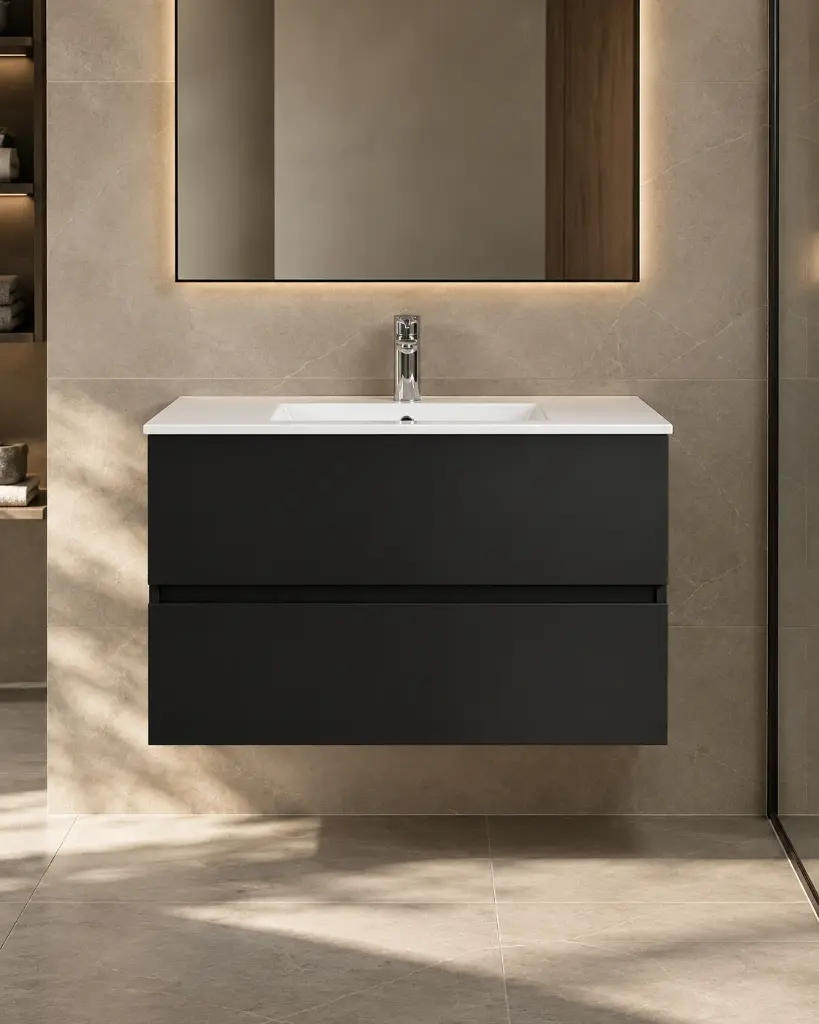 Meuble salle de bain suspendu 80 cm, Noir mat, Caruso