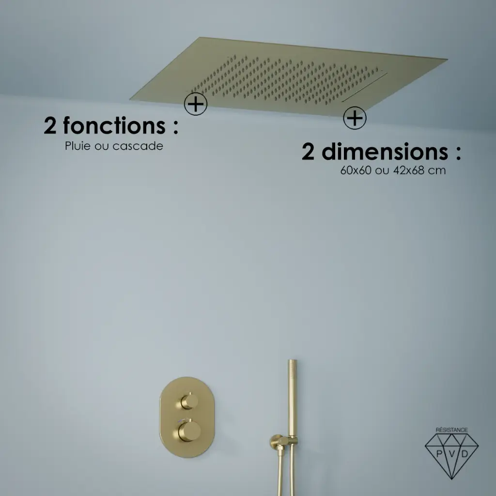 Composition de douche thermostatique avec ciel de pluie encastré doré brossé, Châtelet
