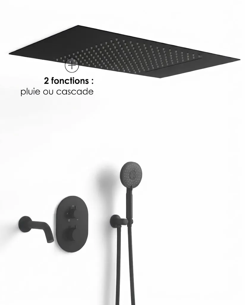 Composition bain-douche thermostatique avec ciel de pluie encastré noir mat, Châtelet