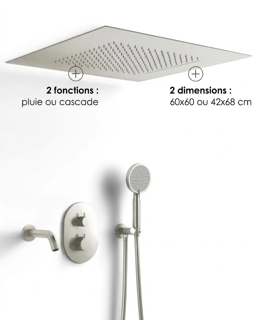 Composition bain-douche thermostatique avec ciel de pluie encastré inox brossé, Châtelet