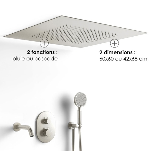 Composition bain-douche thermostatique avec ciel de pluie encastré inox brossé, Châtelet