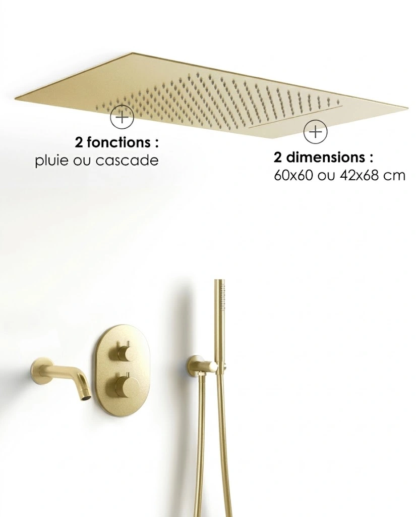 Composition bain-douche thermostatique avec ciel de pluie encastré doré brossé, Châtelet