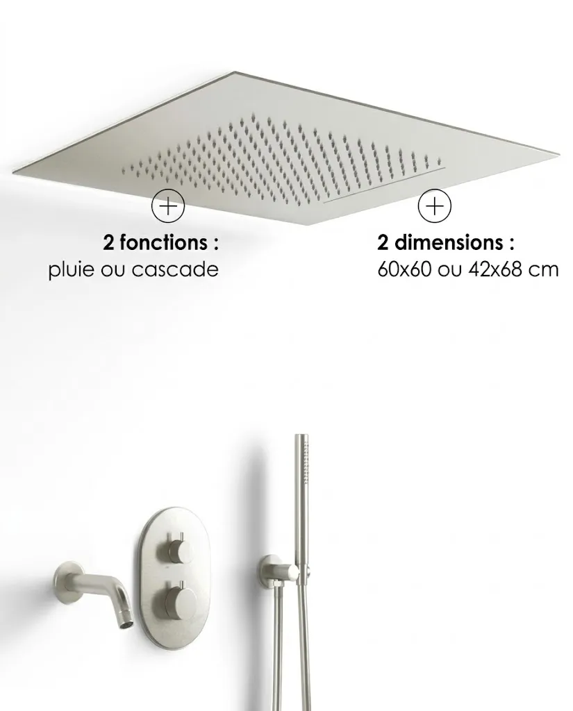 Composition bain-douche thermostatique avec ciel de pluie encastré inox brossé, Châtelet