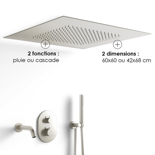 Composition bain-douche thermostatique avec ciel de pluie encastré inox brossé, Châtelet