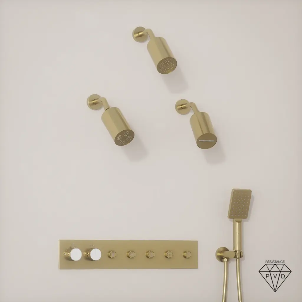 Douche thermostatique, 3 douches épaules hydromassantes, doré brossé, Châtelet