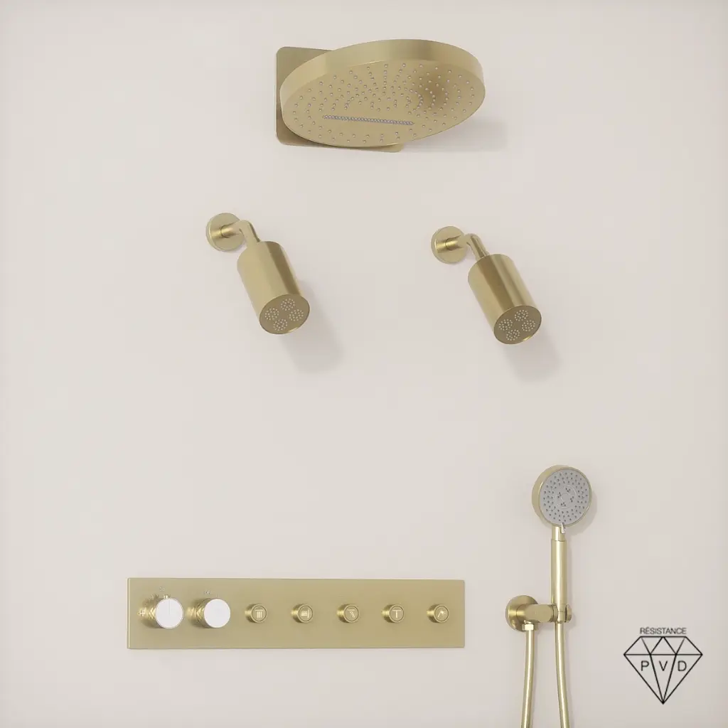 Douche thermostatique, ciel de douche ronde et douches épaules, doré brossé Châtelet