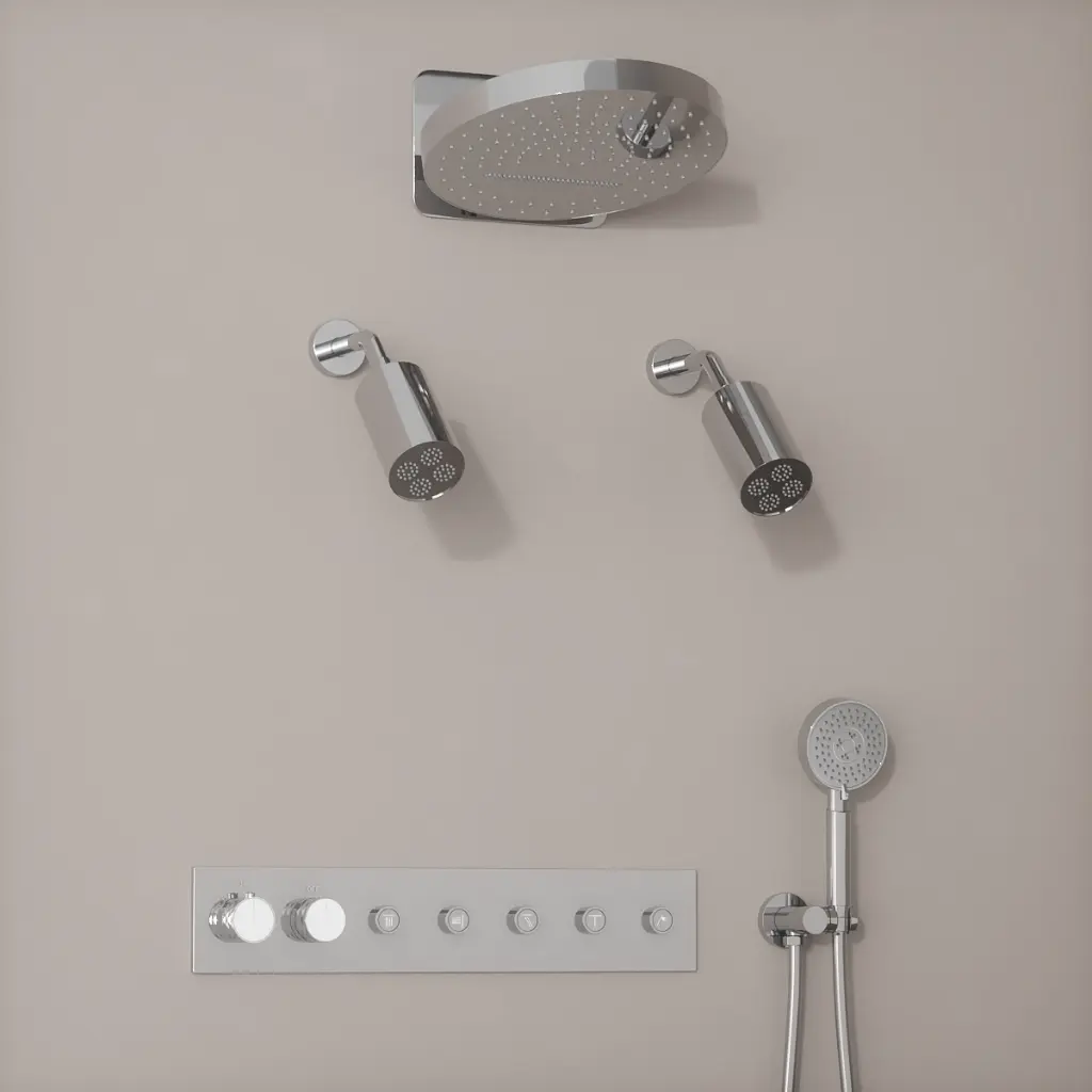 Douche thermostatique, ciel de douche rond et douches épaules, inox brossé Châtelet