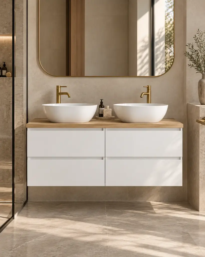 Meuble salle de bain blanc mat 140 cm, One, 6 couleurs de plateau