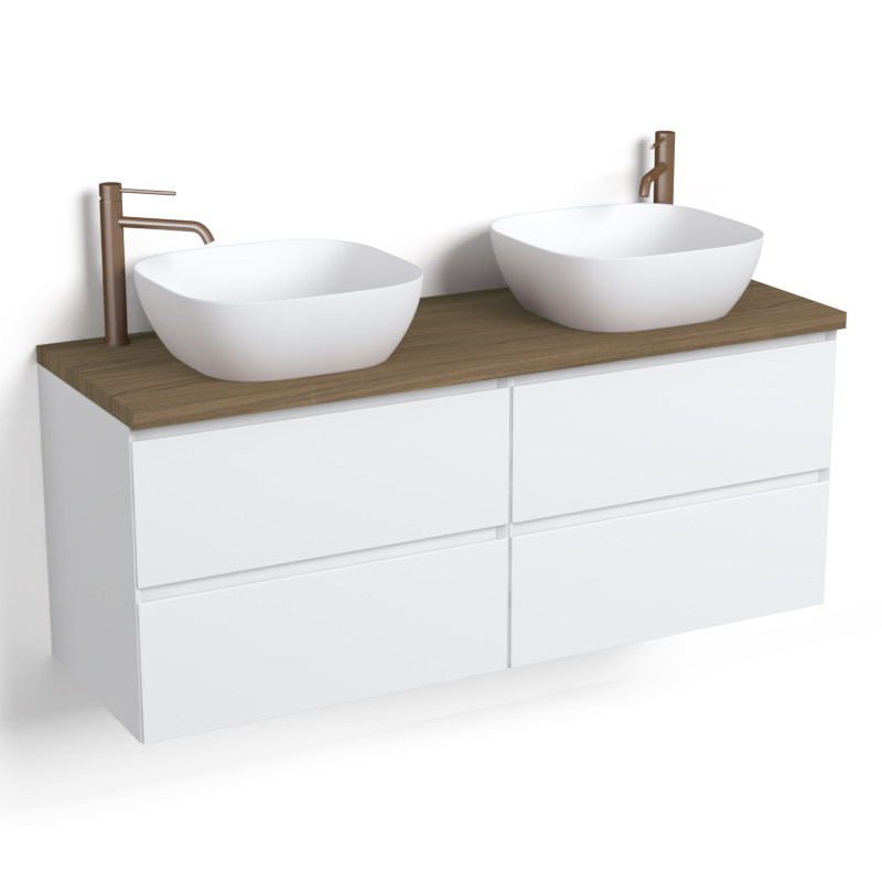 Meuble salle de bain blanc mat 140 cm, plateau Noyer, One