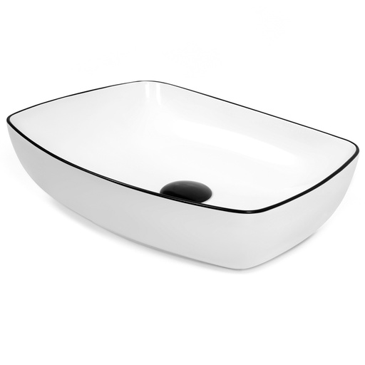 Vasque à poser 58 x 41 cm rectangulaire, céramique, Blanc brillant et liseré noir, made in France, Fil