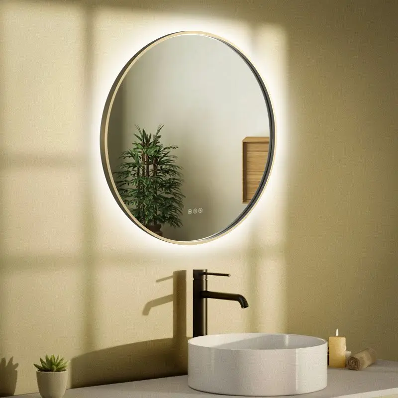 Miroir 80 cm éclairage Led frontal et rétroéclairé, Anti-buée Doré Mat, Prestige