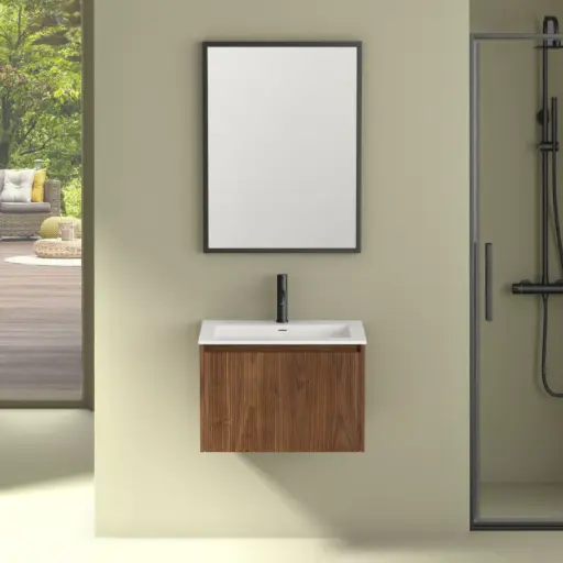 Meuble suspendu 60 cm, placage noyer naturel avec Plan vasque en résine, Louis