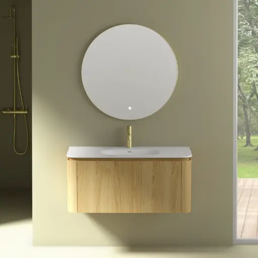 Meuble suspendu 100 cm, placage chêne naturel avec plan vasque en résine minérale blanc mat, Chloé