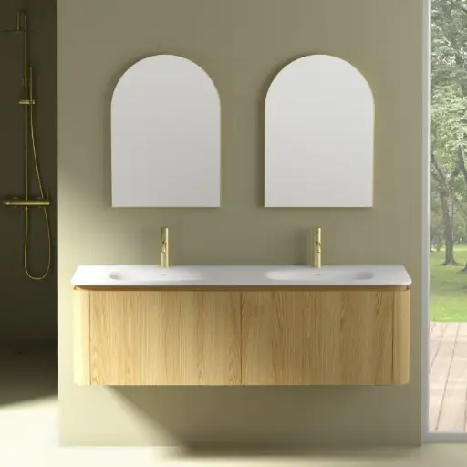 Meuble suspendu 150 cm, placage chêne naturel avec plan vasque en résine minérale blanc mat, Chloé