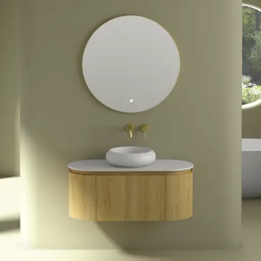 Meuble suspendu 100 cm, placage chêne naturel avec plan en résine minérale blanc mat, Céline