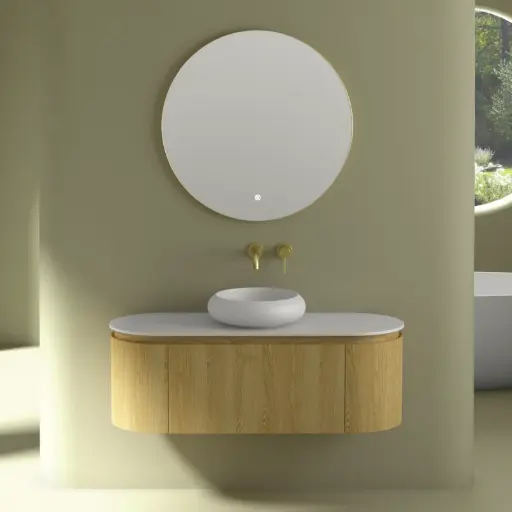 Meuble suspendu 120 cm, placage chêne naturel avec plan en résine minérale blanc mat, Céline 