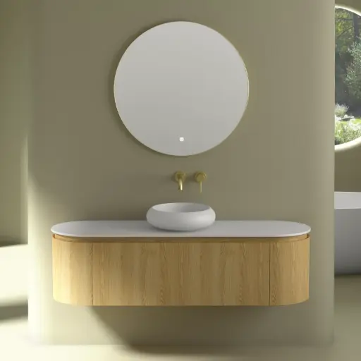Meuble suspendu 150 cm, placage chêne naturel avec plan en résine minérale blanc mat, Céline   