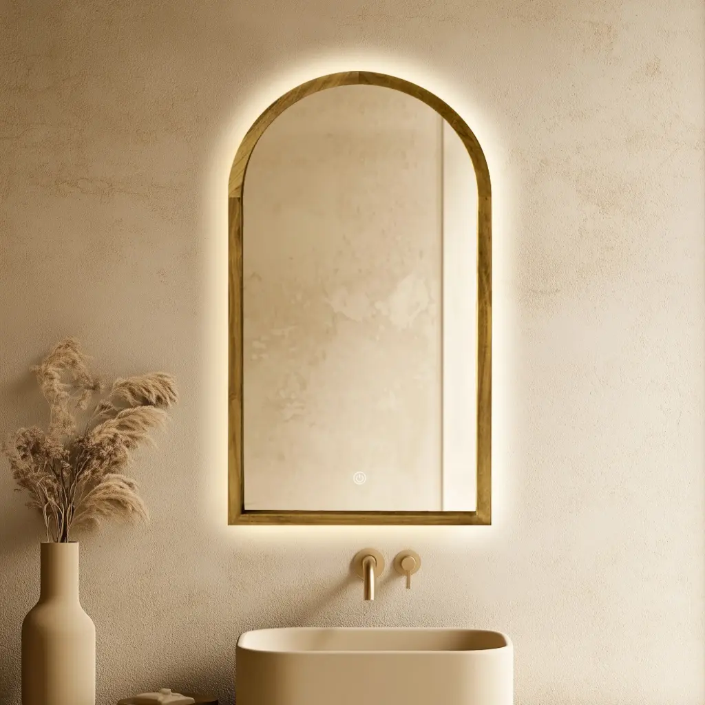 Miroir Demi-lune, rétroéclairage 55x100cm, cadre Chêne, Hikari 