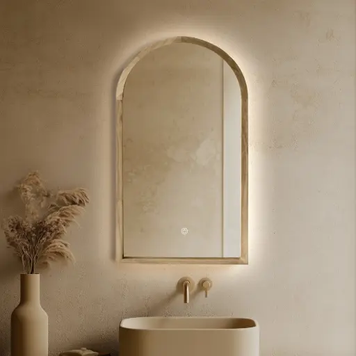 Miroir Demi-lune, rétroéclairage 55x100cm, cadre Chêne, Hikari 
