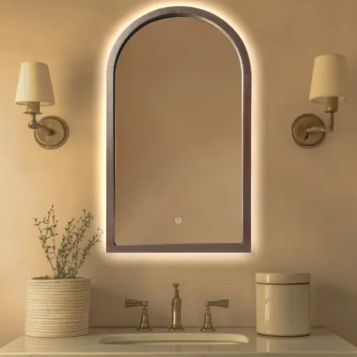 Miroir Demi-lune, rétroéclairage 55x100cm, cadre Noyer, Hikari 