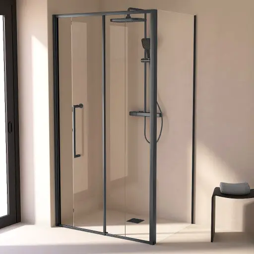 Cabine de douche d'angle Coulissante Gun métal de 106,8cm à  1668 x 80cm ou 90cm , Paro 