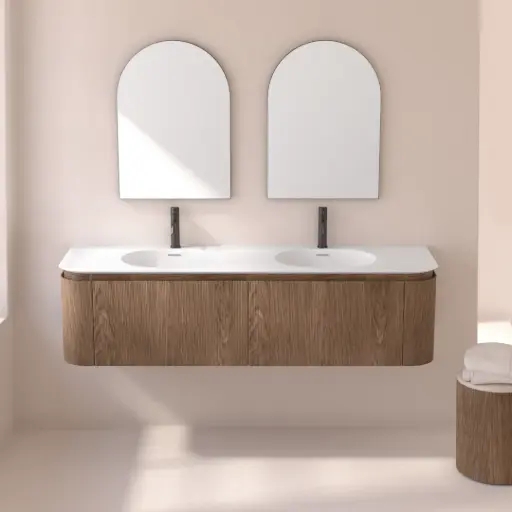 Meuble double vasque suspendu cannelé 160 cm, noyer, avec plan vasque en résine minérale, Grace