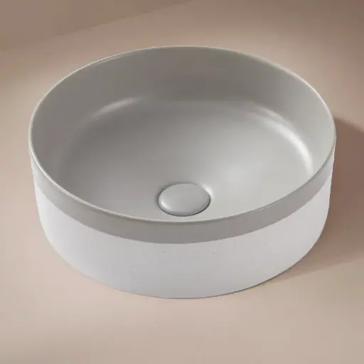 Vasque à poser ronde 37.5x13.5 bicolore gris clair & blanc moucheté mat, Livia 