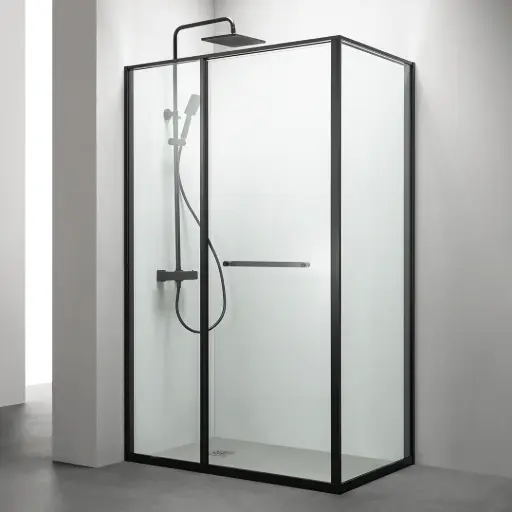 Cabine de douche d'angle Gauche, grande ouverture intérieure, Noir mat, Gratia 