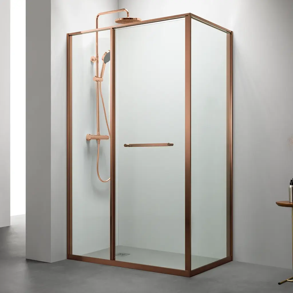 Cabine de douche d'angle Gauche, grande ouverture intérieure, Doré Rose brossé, Gratia 