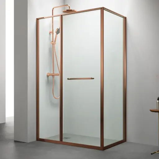 Cabine de douche d'angle Gauche, grande ouverture intérieure, Doré Rose brossé, Gratia 