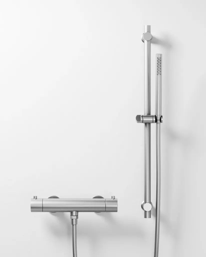 Mitigeur douche Thermostatique externe, barre et douchette tube, Inox brossé, Chatelet 