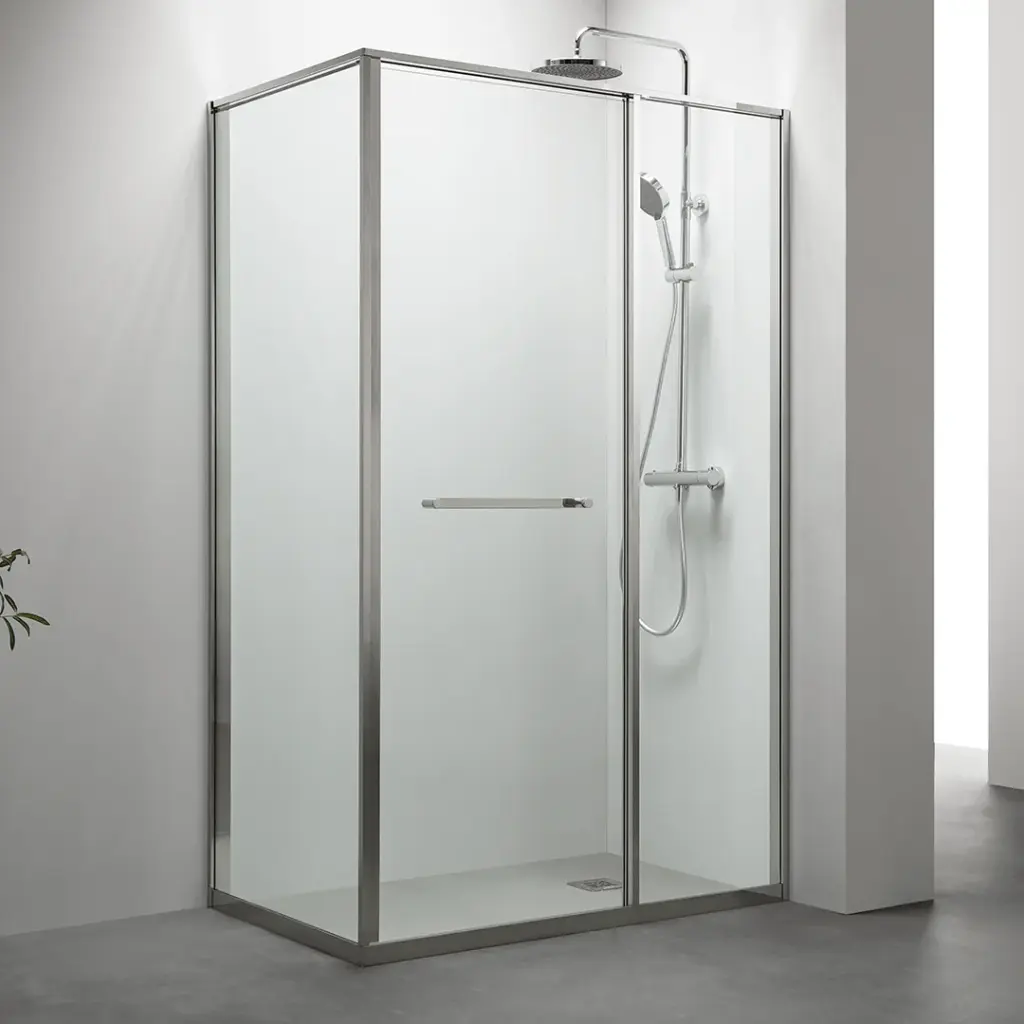 Cabine de douche d'angle Droite, grande ouverture intérieure, Chrome, Gratia 