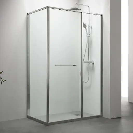 Cabine de douche d'angle Droite, grande ouverture intérieure, Chrome, Gratia 