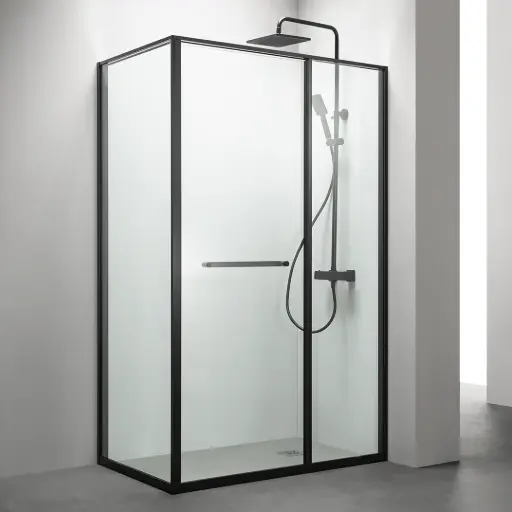 Cabine de douche d'angle Droite, grande ouverture intérieure, Noir mat, Gratia 