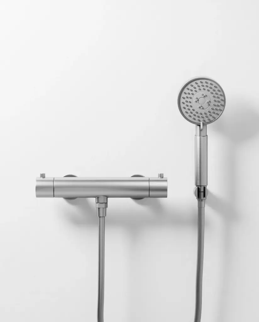 Mitigeur douche Thermostatique externe, support et douchette ronde, inox brossé, Chatelet